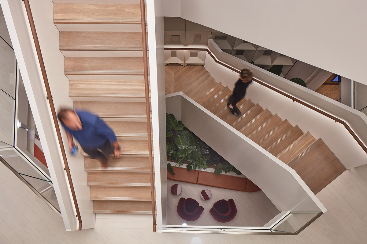 An iconic staircase spanning three floors