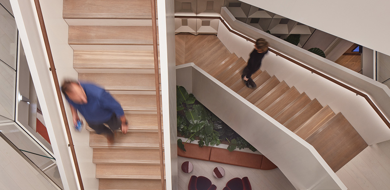 An iconic staircase spanning three floors