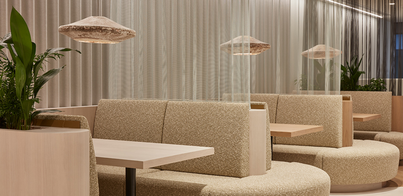 Large, cream-coloured breakout booths