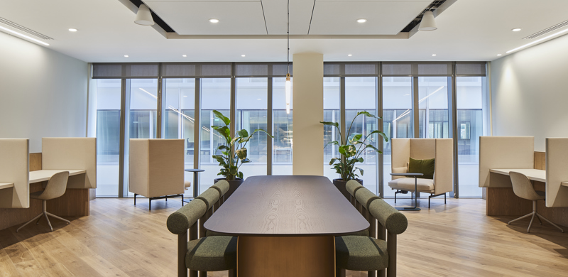 Spacious breakout lounge with stylish, comfortable seating